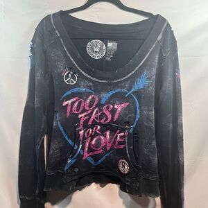 Affliction Black Graphic 'Too Fast for Love' Sweatshirt with Pink & Blue Accents